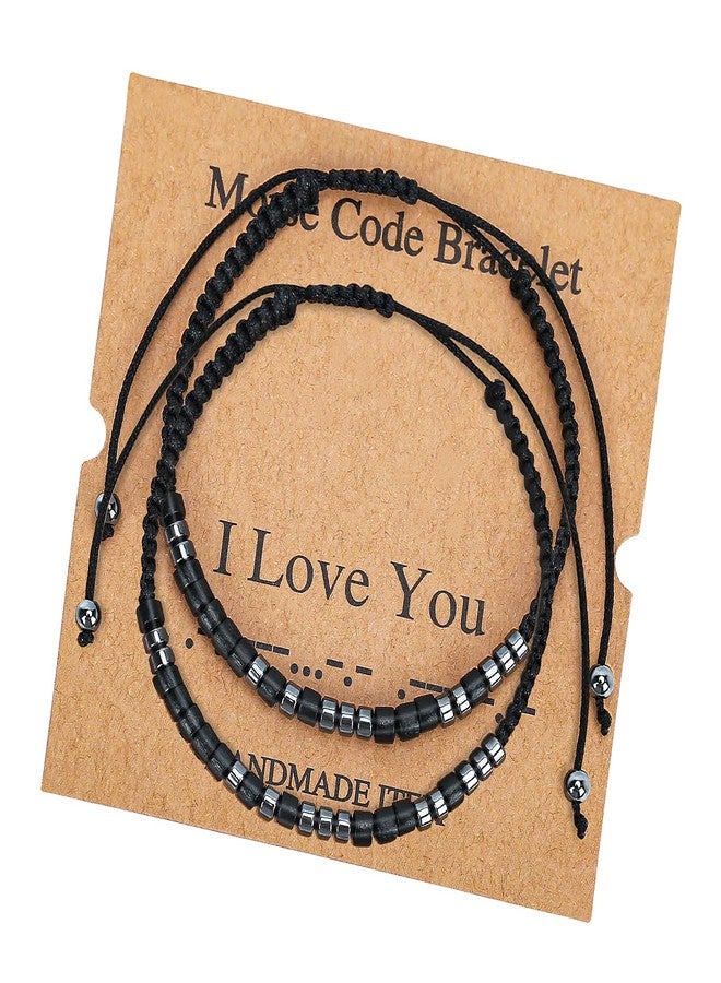 KDQUEERY 2 PCS Morse Code Bracelets for Women Men, I Love You String Adjustable Matching Bracelets Gifts for Couples Mom Daughter Best Friend Inspirational bracelets with Black Hematite Beads - Image 1